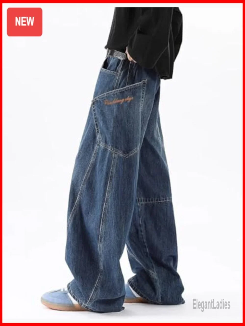 Baggy Barrel Wide Leg Jeans Loose Fit Streetwear Y2K Hip Hop Denim Pants - Picture 5 of 7